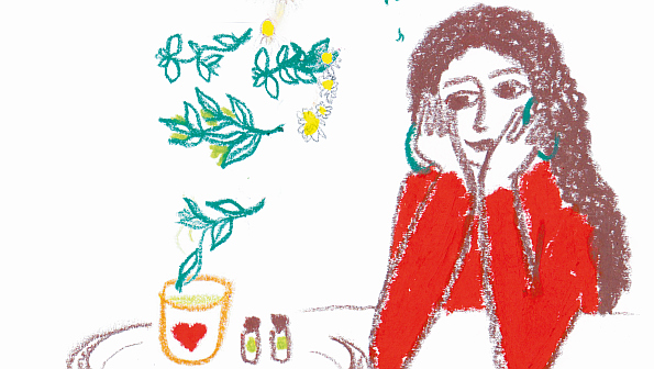 Grafik von einer Frau mit Tee und Kräutern