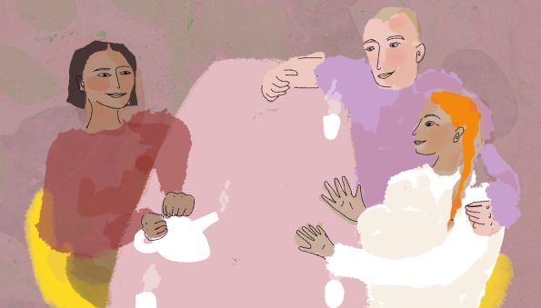 Grafik von einer SChwangeren und ihrem Partner, die mit einer Hebamme am Tisch sitzen