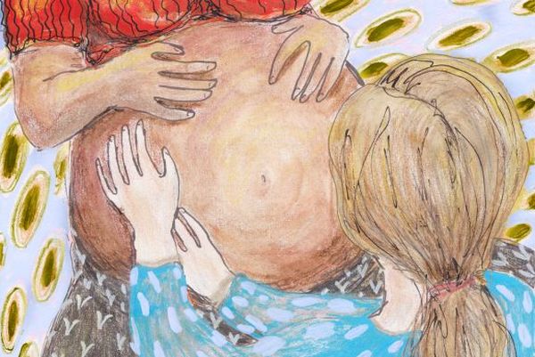 Grafik von einer Hebamme, die den Bauch einer Schwangeren abtastet